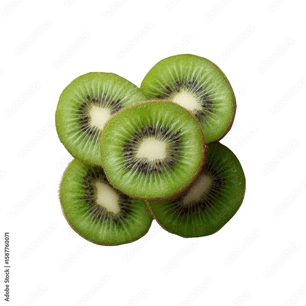 Fototapeta premium Fresh kiwi slices stacked on top of each other, showcasing the vibrant green color and unique texture. Perfect for healthy eating, smoothies, and culinary presentations.