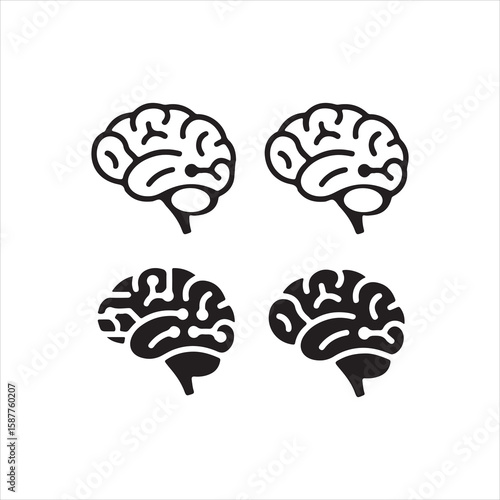 Set of four stylized black brain icons on a white background
