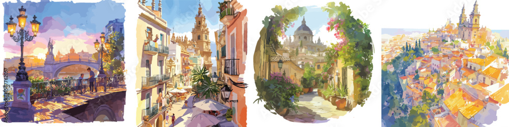 Naklejka premium seville scene watercolor clipart