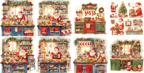 santa kitchen watercolor clipart