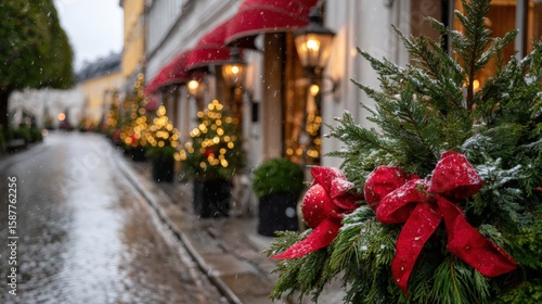 Festive street with Christmas decorations, red ribbons, and glowing lights on a snowy day, creating a warm holiday atmosphere.