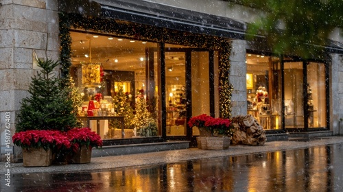 Festive storefront with holiday decorations, poinsettias, and Christmas trees, illuminated in warm light during a gentle snowfall on a wet evening.