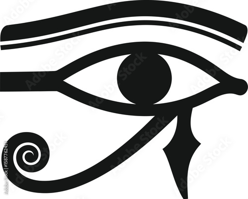 A stylized depiction of the eye of horus symbol in black against a white background