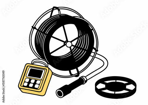 Illustrated representation of an industrial water or well inspection camera equipment displayed with a clean design on a transparent background.