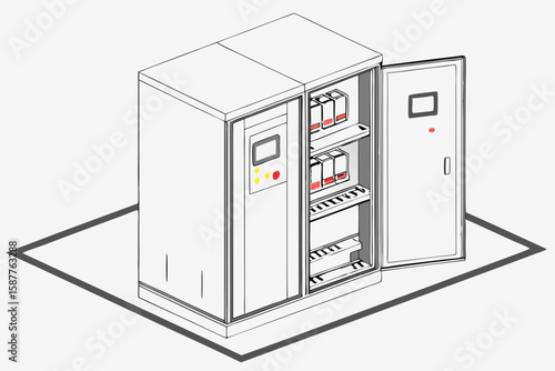 Isometric illustration of an open control panel cabinet displaying interior components and indicators, suitable for various design projects.