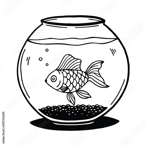 A simple black and white illustration of a single goldfish swimming happily in a round glass fishbowl filled with water and gravel