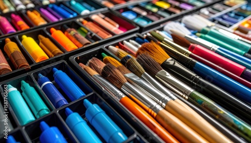 Highlighting diverse art supplies such as brushes, watercolors, or colorful markers 