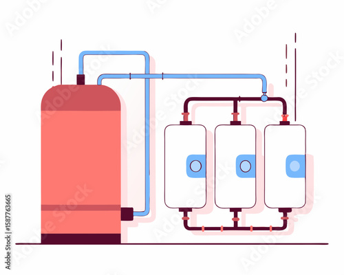 Simplified illustration of a plumbing system depicting a central tank and multiple water heaters with connected pipelines