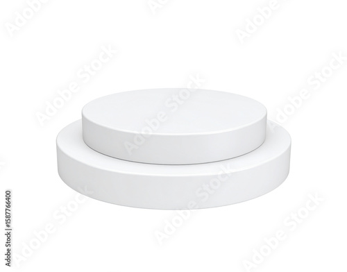 Minimalist twotiered white cylindrical podium with a smooth clean surface for product display.