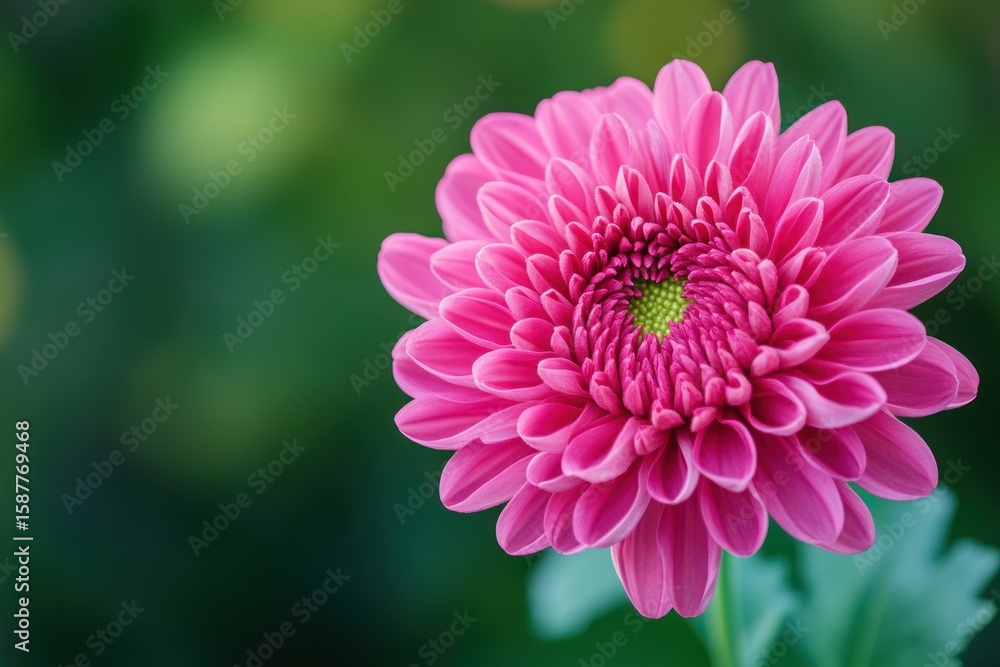 Fototapeta premium Radiant pink chrysanthemum flower in bloom, close-up shot with green background