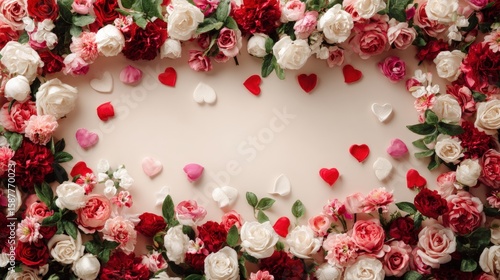 Heart-shaped floral frame with red, pink, and white roses and heart decorations on a beige background, perfect for Valentine's Day or romantic themes.
