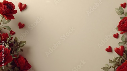 Red roses and heart shapes creatively arranged on a beige background, perfect for romantic or Valentine's Day themes.