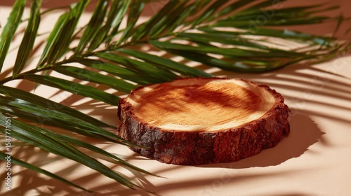A wooden tree slice placed on a surface with palm leaves casting shadows, creating a natural and tropical ambiance.