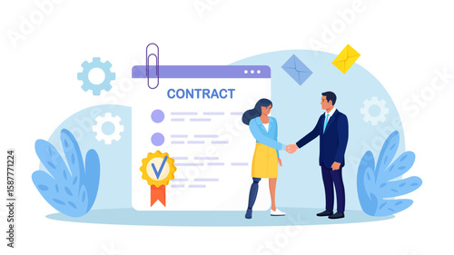 Disabled woman with leg prosthesis shaking hands with colleague. Businessman handshake with employee with disability. Employment contract agreement, corporate partnership document with signature