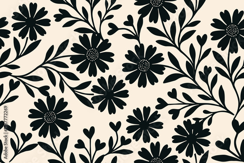 Tableau sur toile Elegant seamless floral pattern with black daisy silhouettes and leafy branches on a cream background, perfect for fabric, wallpaper, or digital design