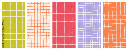 Set of seamless modern simple vertical summer minimal checkered colorful light patterns, backgrounds; green, purple, violet and orange colors; hand drawn vector illustration; drawing, flat style