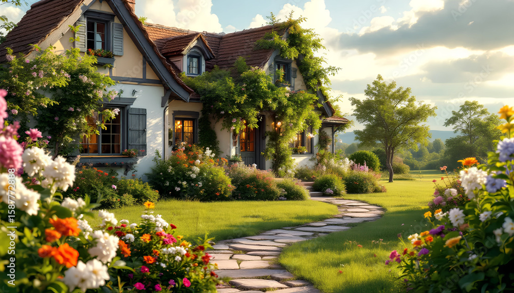garden with flowers and houses garden with flowers and houses