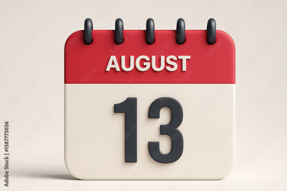 Fototapeta premium August 13th Calendar Page Reminder for Schedule Planning and Important Event Notification in Red and White