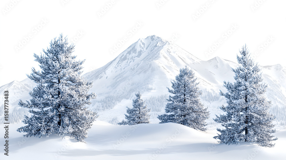 Obraz premium Snowy winter landscape with frosted pine trees and a majestic mountain range.