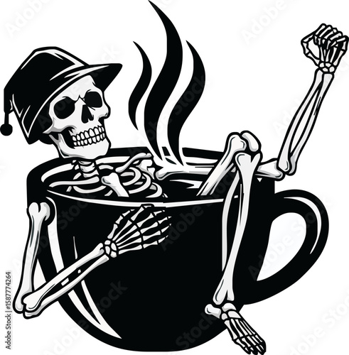 A skeleton wearing a hat relaxes in a steaming cup of coffee.