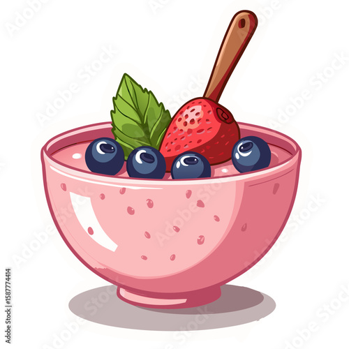 Wholesome Pink Smoothie Bowl with Fresh Berries and Mint Leaf.