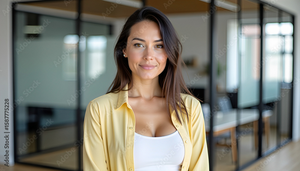 Confident Young Woman in Modern Office Hallway Confident Young Woman in Modern Office Hallway