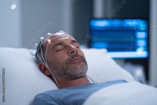 Patient sleeps peacefully in a comfortable sleep study lab, connected to polysomnography sensors monitoring brain waves. Sleep science