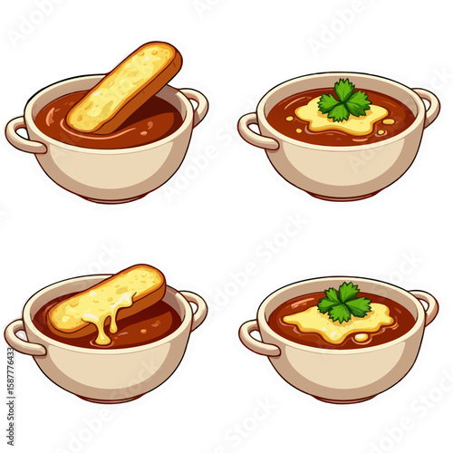 Delicious Cartoon Bowls of French Onion Soup with Croutons and Cheese.