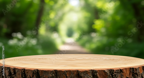 Simple and authentic tree stump podium in a forest, perfect for showcasing sustainable goods.

