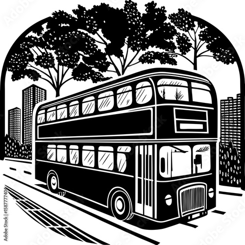 double decker bus (linocut style)