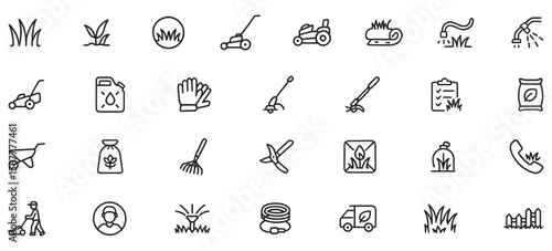 Lawn Care Service Line Icons Pack – Icons Featuring Grass Cutting, Landscaping Tools, Fertilization, Irrigation, and Garden Maintenance Symbols