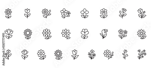 Elegant Flower Line Icons – Minimal Floral Vector Set for Spring, Botanical, and Nature-Inspired Design Projects