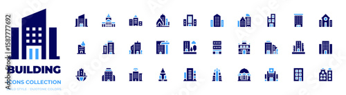Building icon collection. Bold style. Duotone colors. hotel, office building, headquarters, building, company, fire, office, city hall, buildings