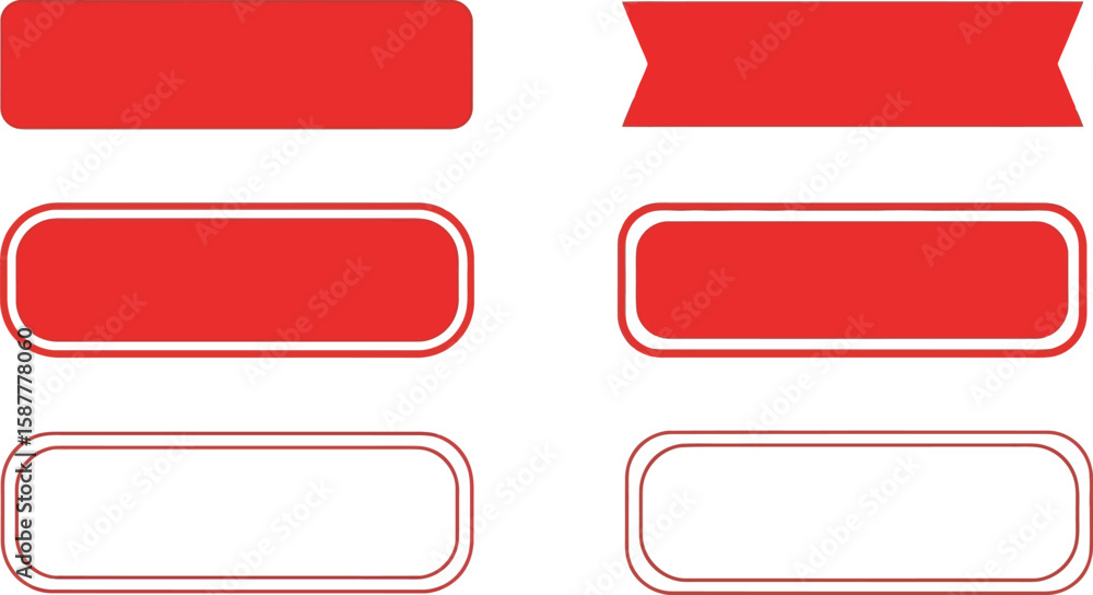 A set of six red banner shapes and button designs isolated on a white background