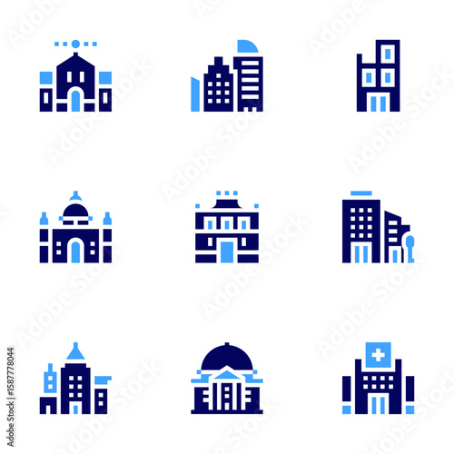 Building icon set. Bold style. Duotone colors. building, architecture, government building, buildings, building under construction