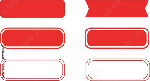 A set of six red banner shapes and button designs isolated on a white background