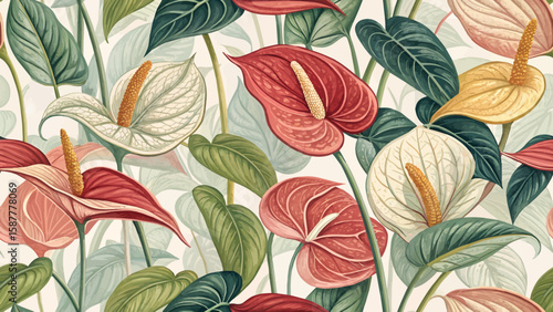 Vector seamless illustration of anthurium flowers for printing on fabric or wallpaper or curtains.