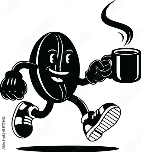 Cartoon coffee bean character running with a steaming mug, depicted in black and white.