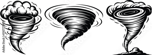 Tornado Vector Silhouette Set, Twister Storm Icons and Hurricane Clipart Collection.

