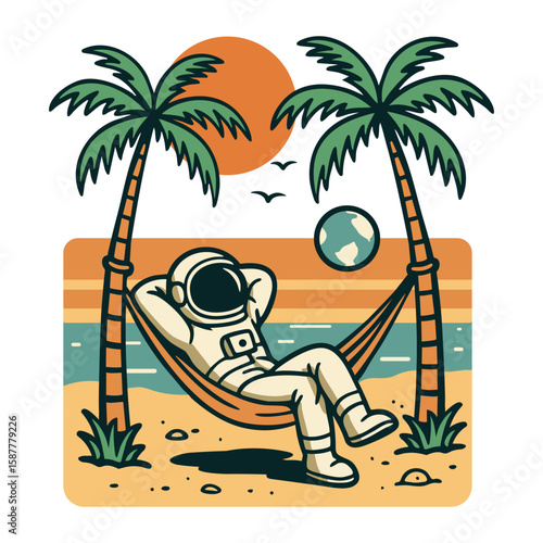 Astronaut Relaxing in Hammock on Tropical Beach with Earth and Sunset – Retro Sci-Fi Vacation Illustration