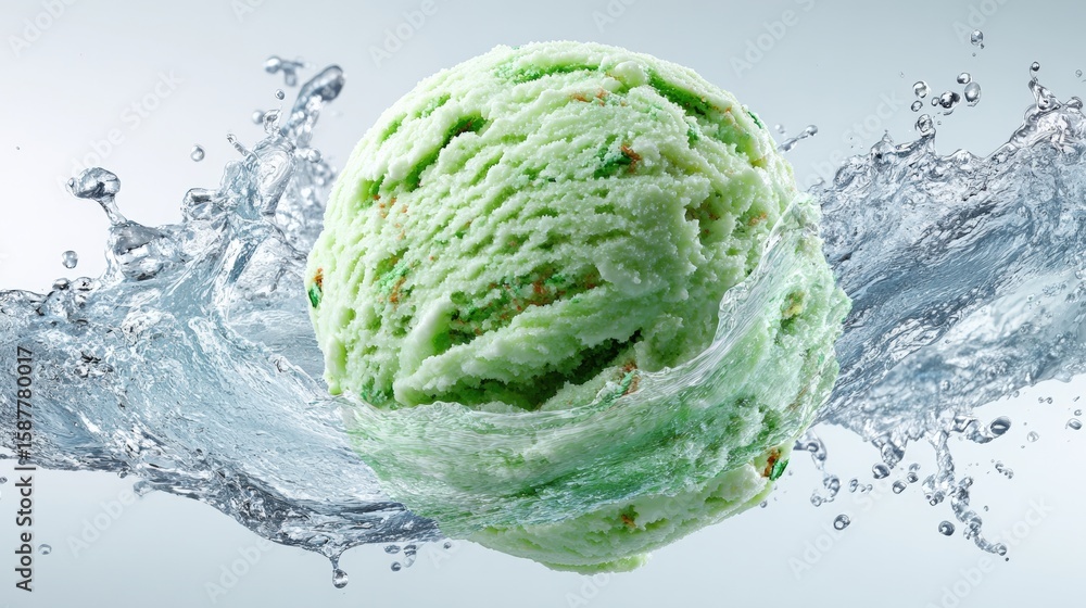 Obraz premium A scoop of green ice cream is dramatically splashed by water, creating a dynamic and refreshing visual.