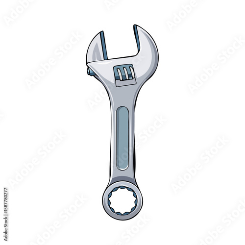 Illustration of a silver adjustable wrench with an open end and a circular socket, isolated on a white background.