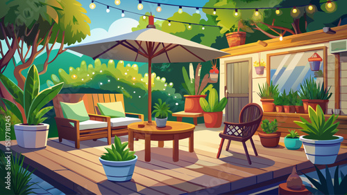 Cozy outdoor patio with wooden furniture, potted plants, and warm lighting, perfect for evening relaxation in a backyard setting