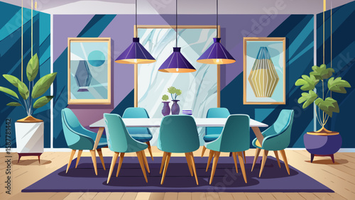 Elegant dining room setup with six chairs around a marble table, pendant lights, and contemporary wall art