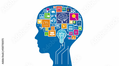 Wallpaper Mural Human head silhouette filled with colorful icons representing learning, science, and innovation Torontodigital.ca