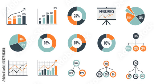 Collection of diverse charts and graphs illustrating data visualization techniques, including bar graphs, pie charts, and hierarchical diagrams.