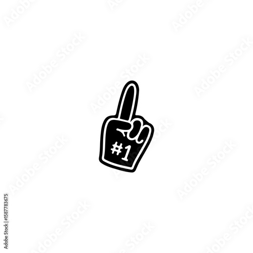 Black and white vector illustration of a foam finger with number one symbol. Supporter fan glove icon in minimal hand drawn style.