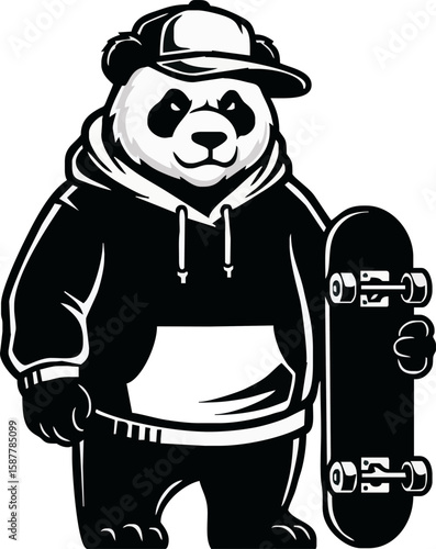 A cool panda wearing a hoodie and cap, holding a skateboard.