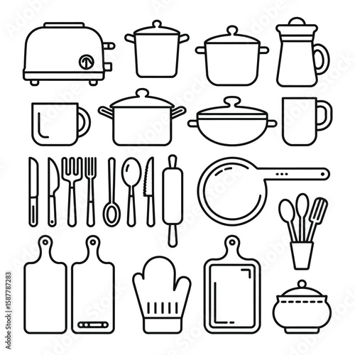 Collection of kitchen utensils and appliances illustrated in clean line art style