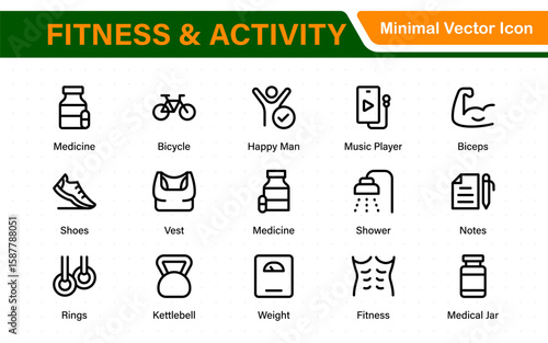Fitness and activity icon set. Collection of strength training, cardio, stretching, sports ball, stopwatch, and nutrition line icons.